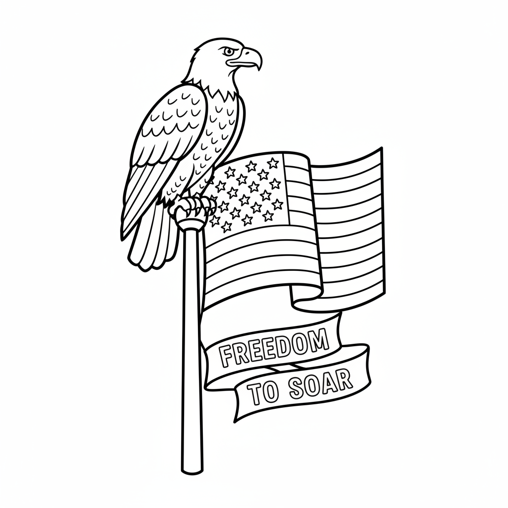 Aquila calva appollaiata su un'asta della bandiera con stelle e strisce - Disegno da colorare gratuito Aquila calva appollaiata su un'asta della bandiera con stelle e strisce - Disegno da colorare gratuito
