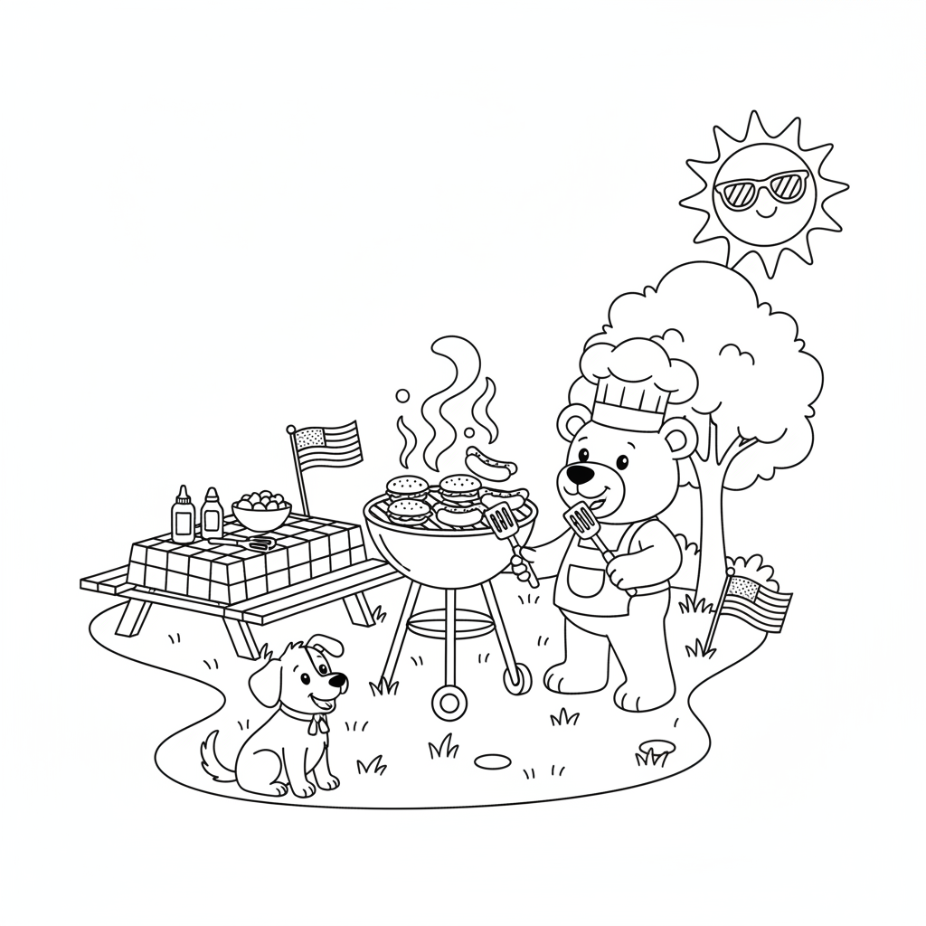 Escena de barbacoa con hamburguesas, perritos calientes y banderas estadounidenses - Página para colorear gratis Escena de barbacoa con hamburguesas, perritos calientes y banderas estadounidenses - Página para colorear gratis