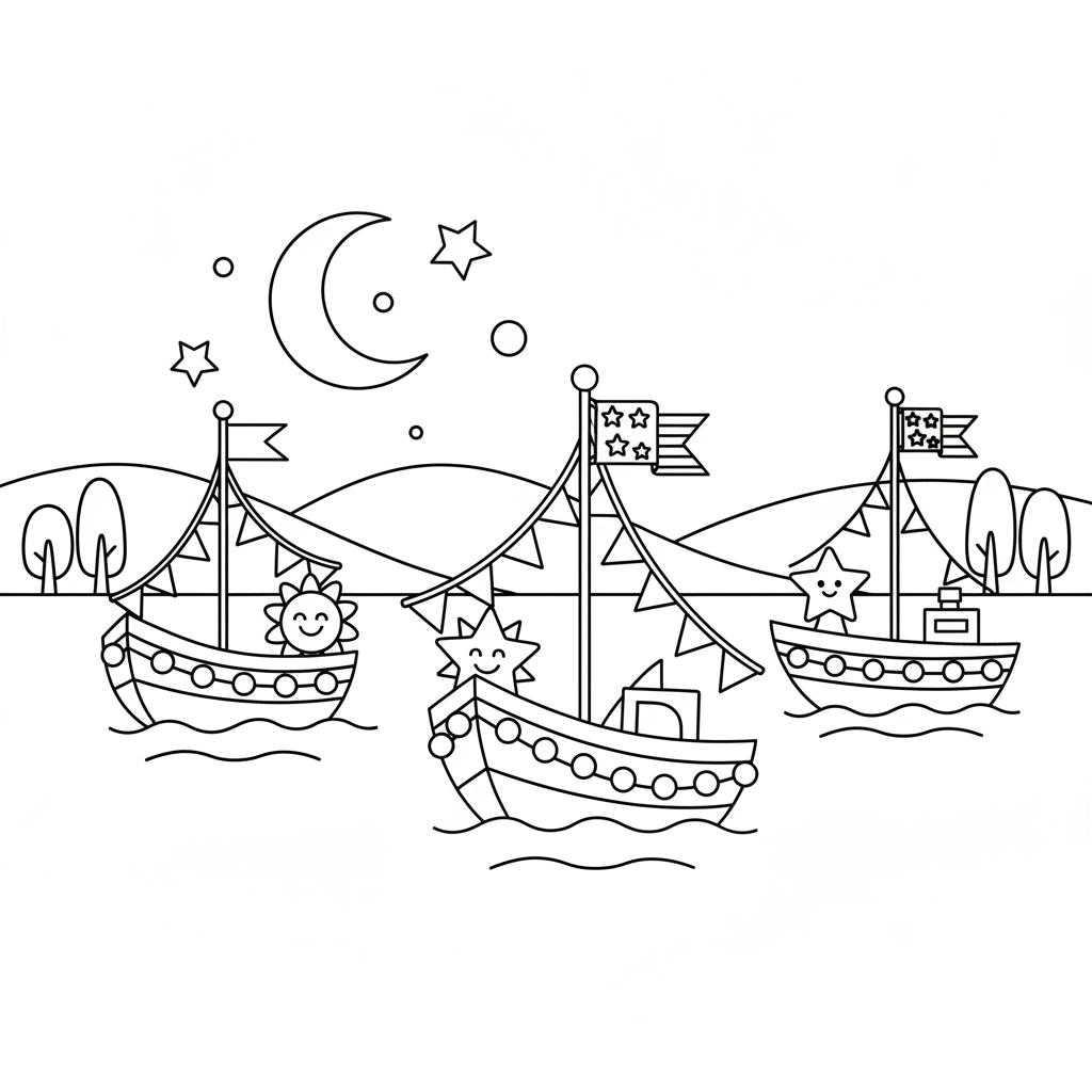 Boat parade on lake with flags and festive decorations - Free Printable Coloring Page