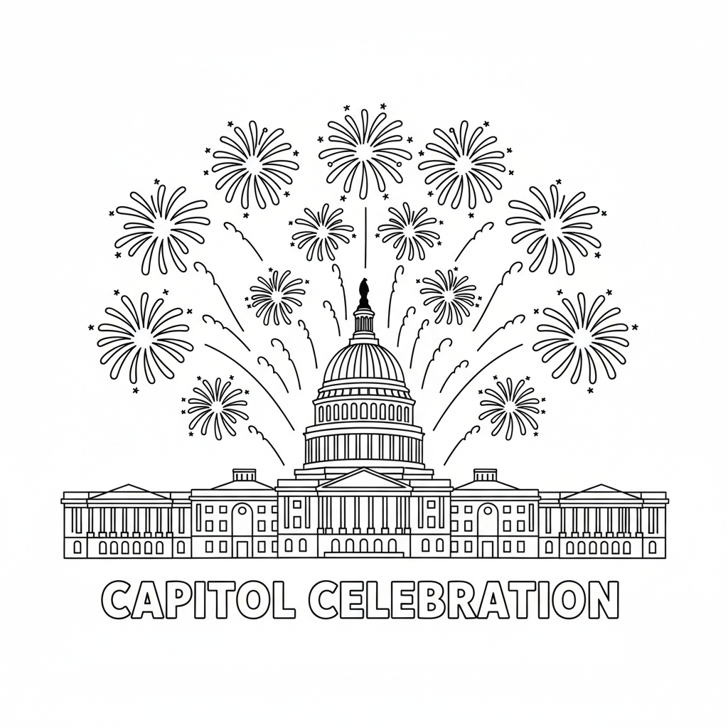 Capitol Building in Washington DC with fireworks display - Free Printable Coloring Page Capitol Building in Washington DC with fireworks display - Free Printable Coloring Page