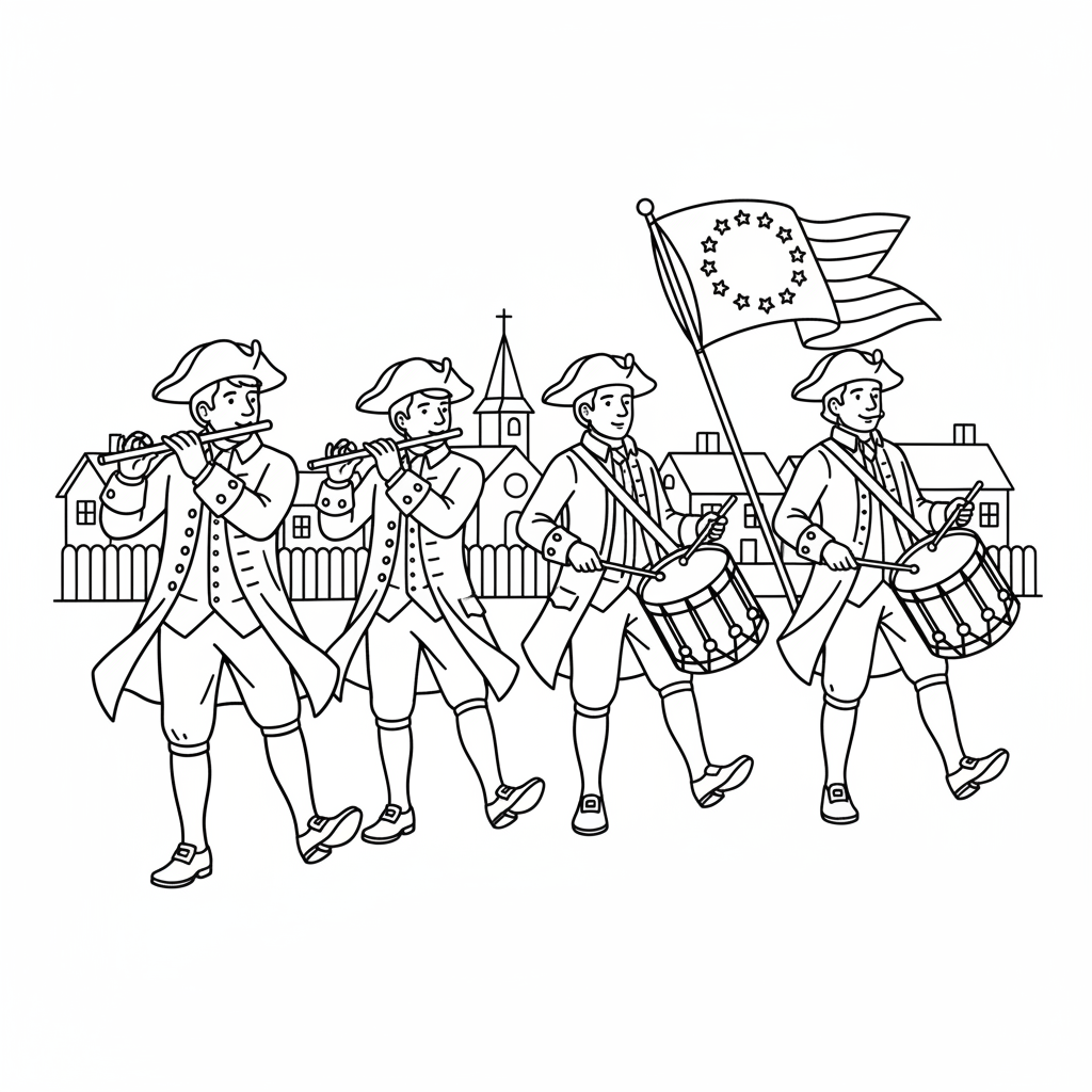 Colonial fife and drum corps marching historical scene - Free Printable Coloring Page