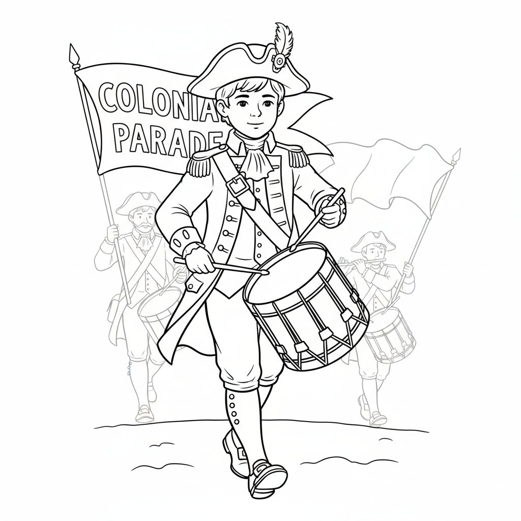 Drummer boy in colonial outfit marching in parade - Free Printable Coloring Page