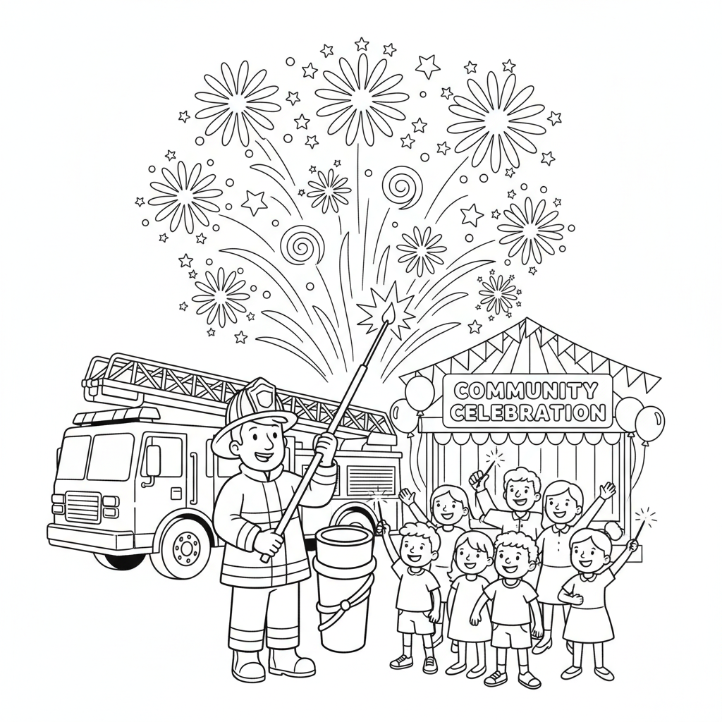Fireman setting off fireworks show for community celebration - Free Printable Coloring Page