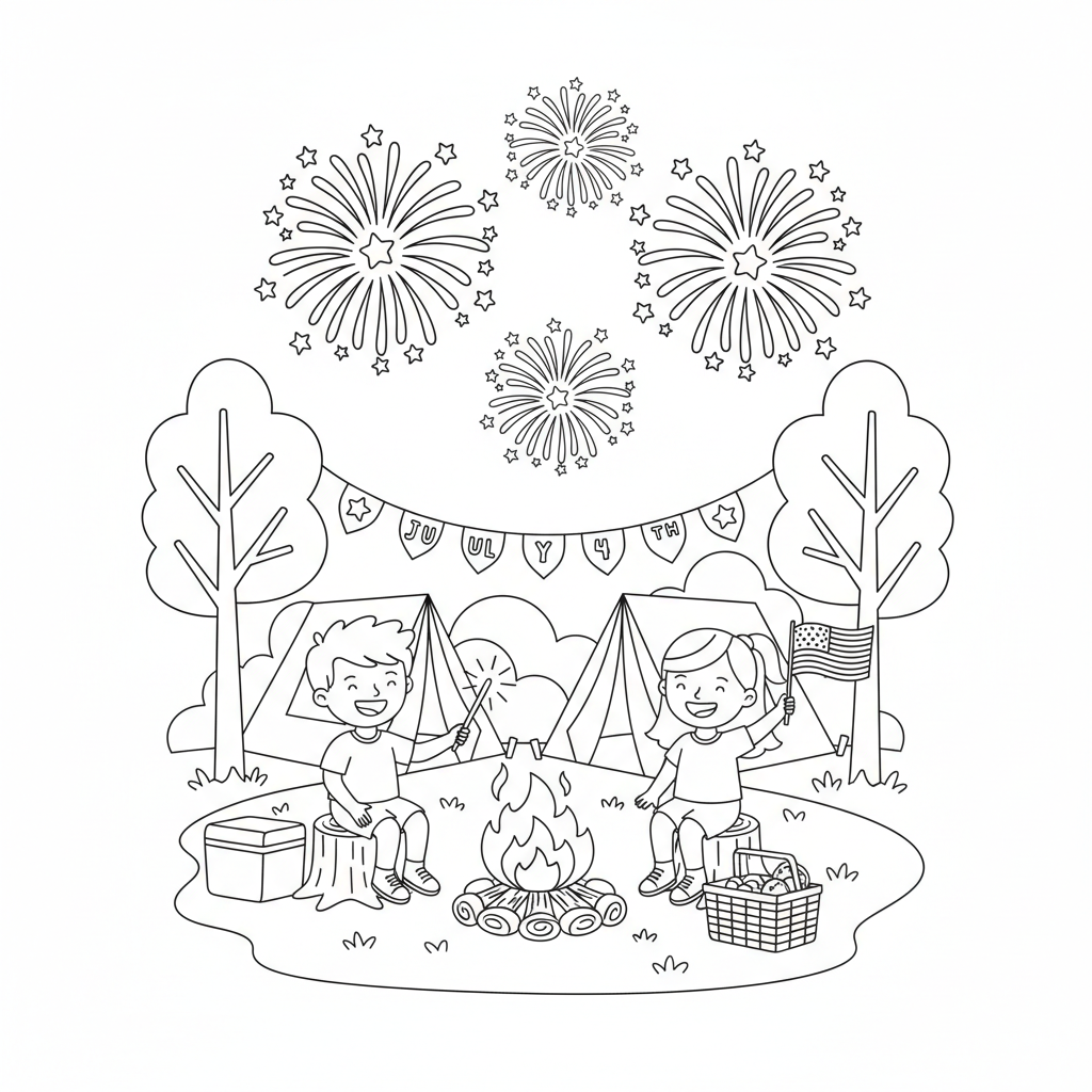 Fourth of July camping trip with campfire and sparklers - Free Printable Coloring Page