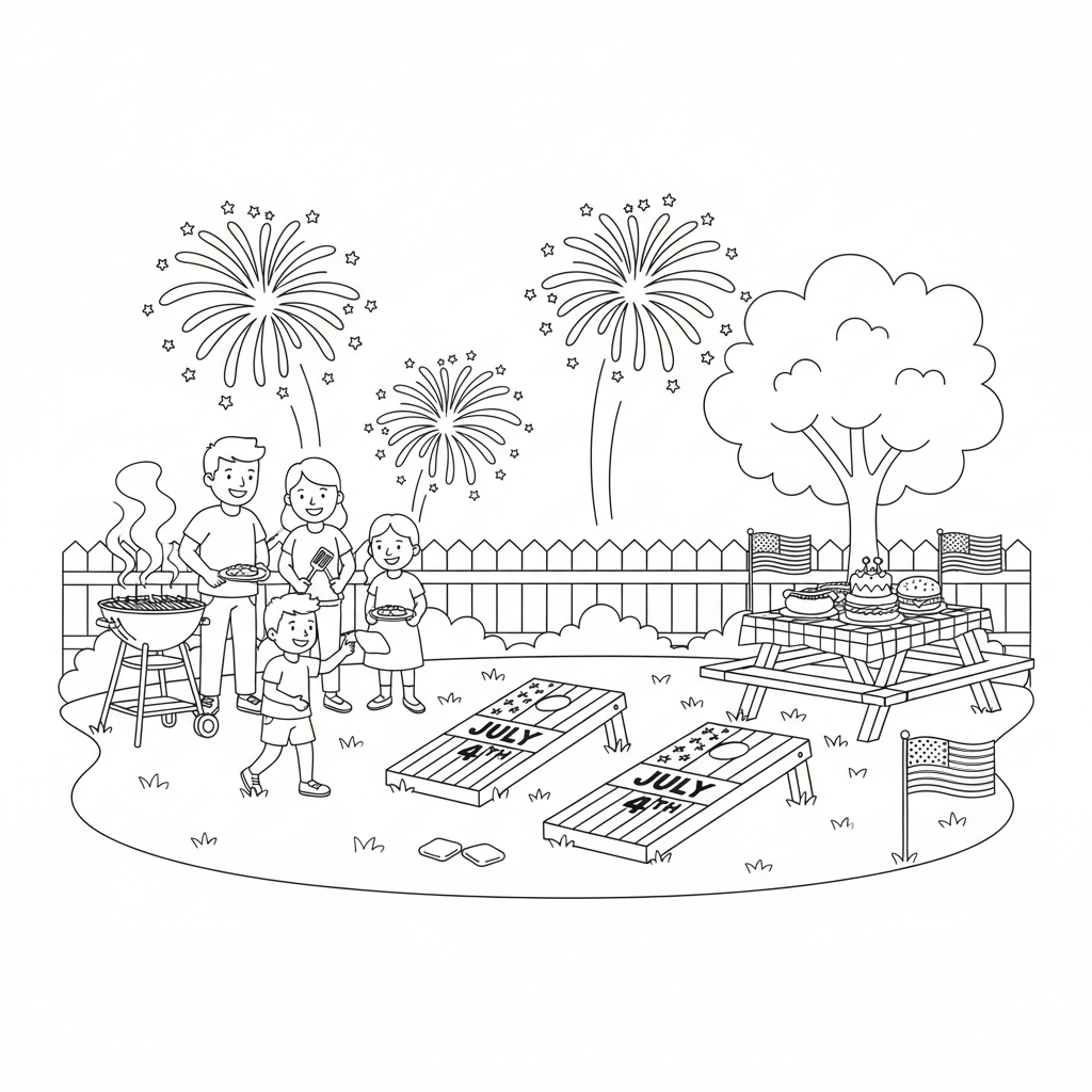 Fourth of July cornhole game at backyard barbecue party - Free Printable Coloring Page