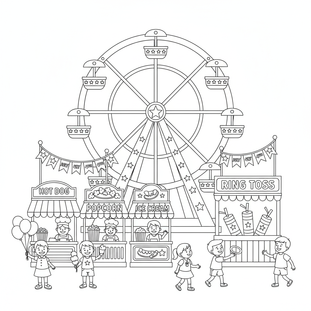Fourth of July fair with ferris wheel and food stands - Free Printable Coloring Page