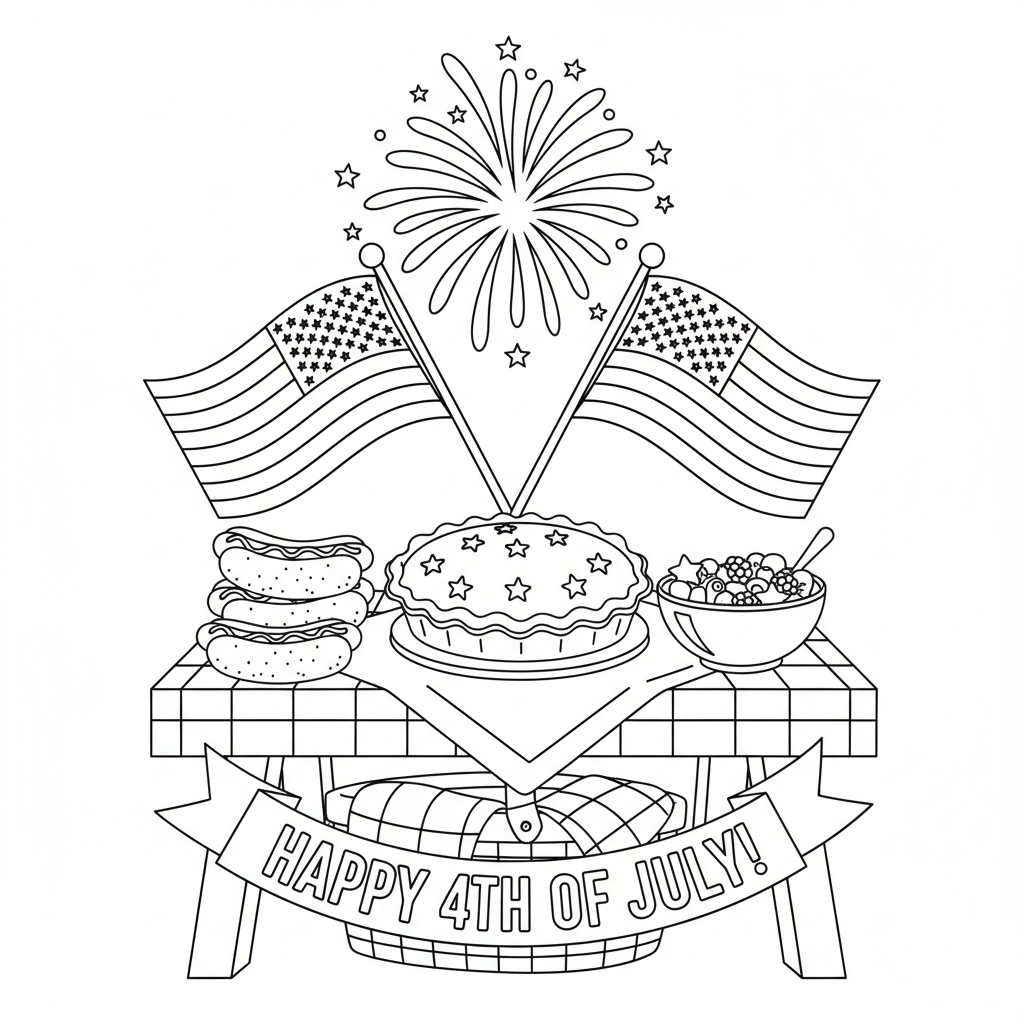 Fourth of July picnic table with apple pie and flags - Free Printable Coloring Page