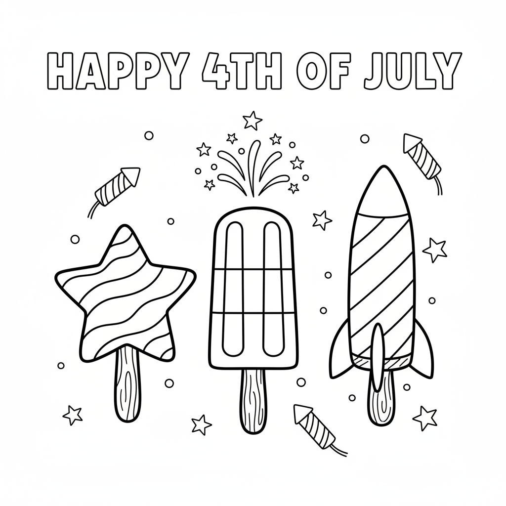Fourth of July popsicles in red white and blue colors - Free Printable Coloring Page