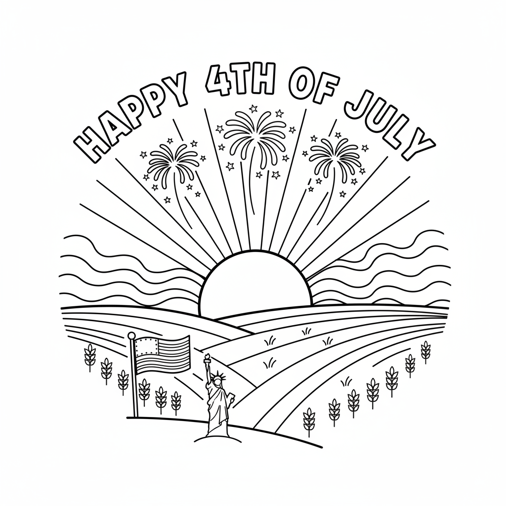 Fourth of July sunrise over amber waves of grain - Free Printable Coloring Page