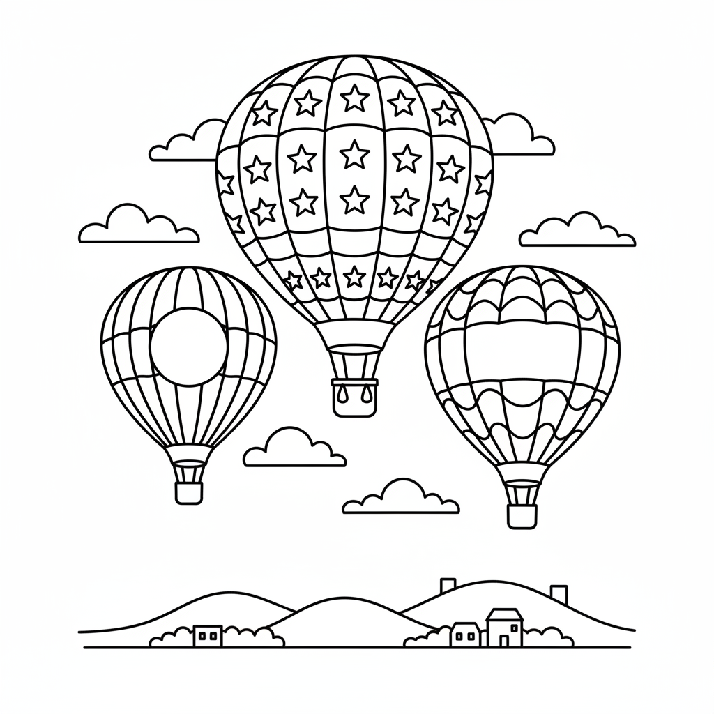 Hot air balloons with American flag patterns in sky - Free Printable Coloring Page