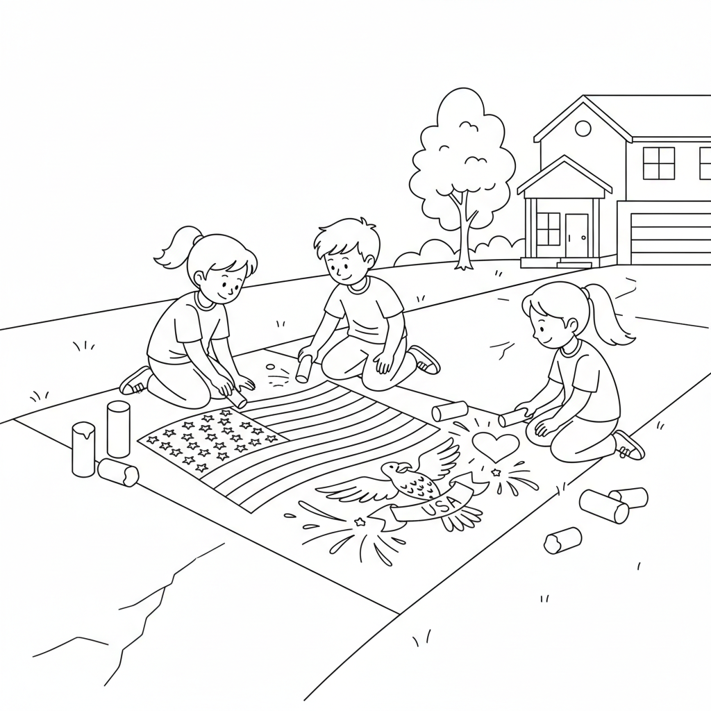 Kids drawing with sidewalk chalk patriotic art on driveway - Free Printable Coloring Page