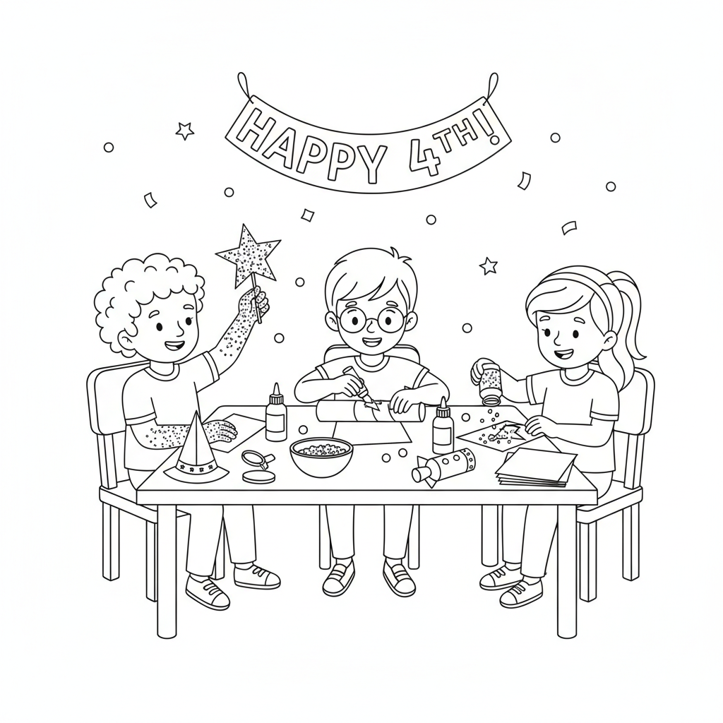 Kids making Fourth of July crafts with paper and glitter - Free Printable Coloring Page