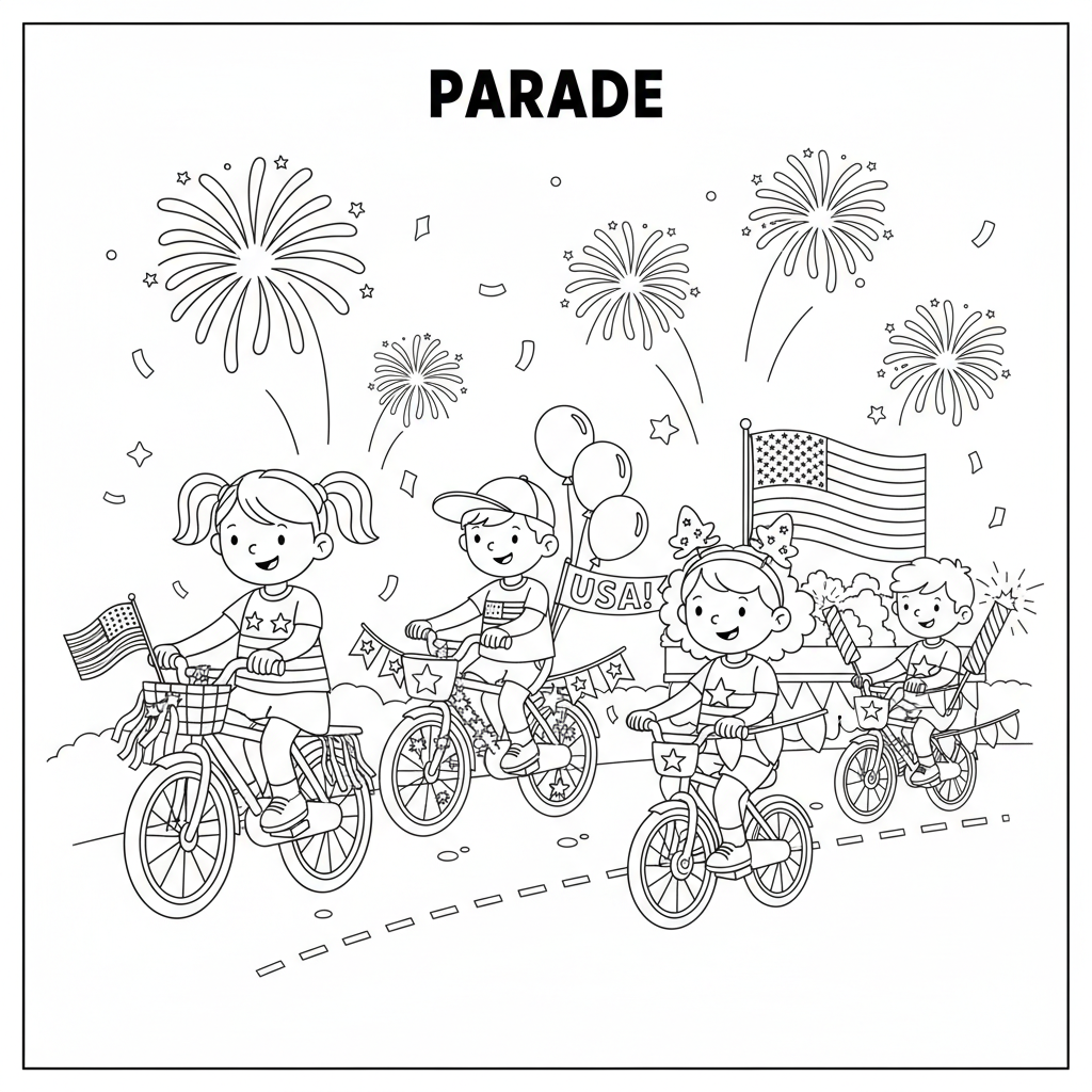 Kinderen rijden op versierde fietsen in de parade op 4 juli. - Gratis afdrukbare kleurplaat Kinderen rijden op versierde fietsen in de parade op 4 juli. - Gratis afdrukbare kleurplaat