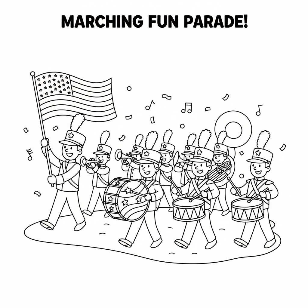 Marschkapelle mit Trommeln und amerikanischen Flaggen in Parade - Kostenloses druckbares Ausmalbild Marschkapelle mit Trommeln und amerikanischen Flaggen in Parade - Kostenloses druckbares Ausmalbild