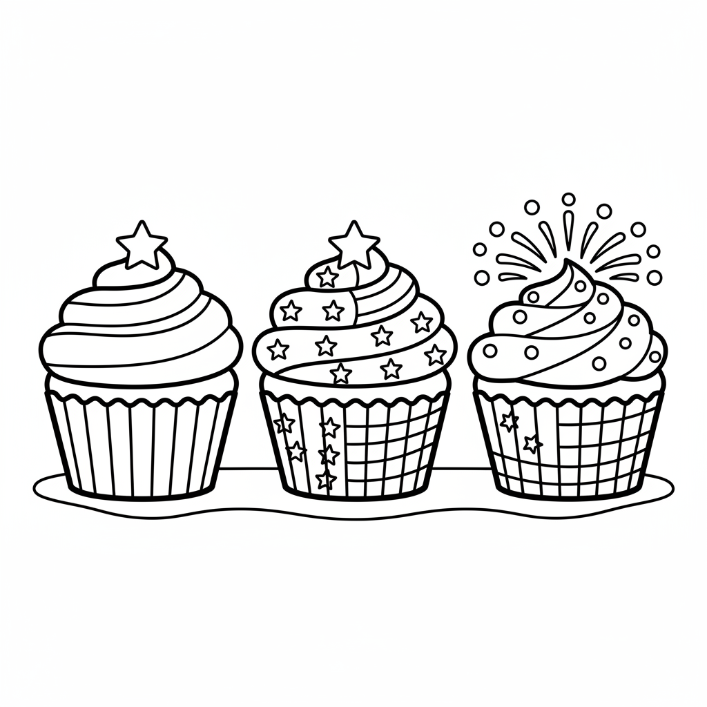Patriotische Cupcakes mit rot-weiß-blauem Zuckerguss - Kostenloses druckbares Ausmalbild Patriotische Cupcakes mit rot-weiß-blauem Zuckerguss - Kostenloses druckbares Ausmalbild