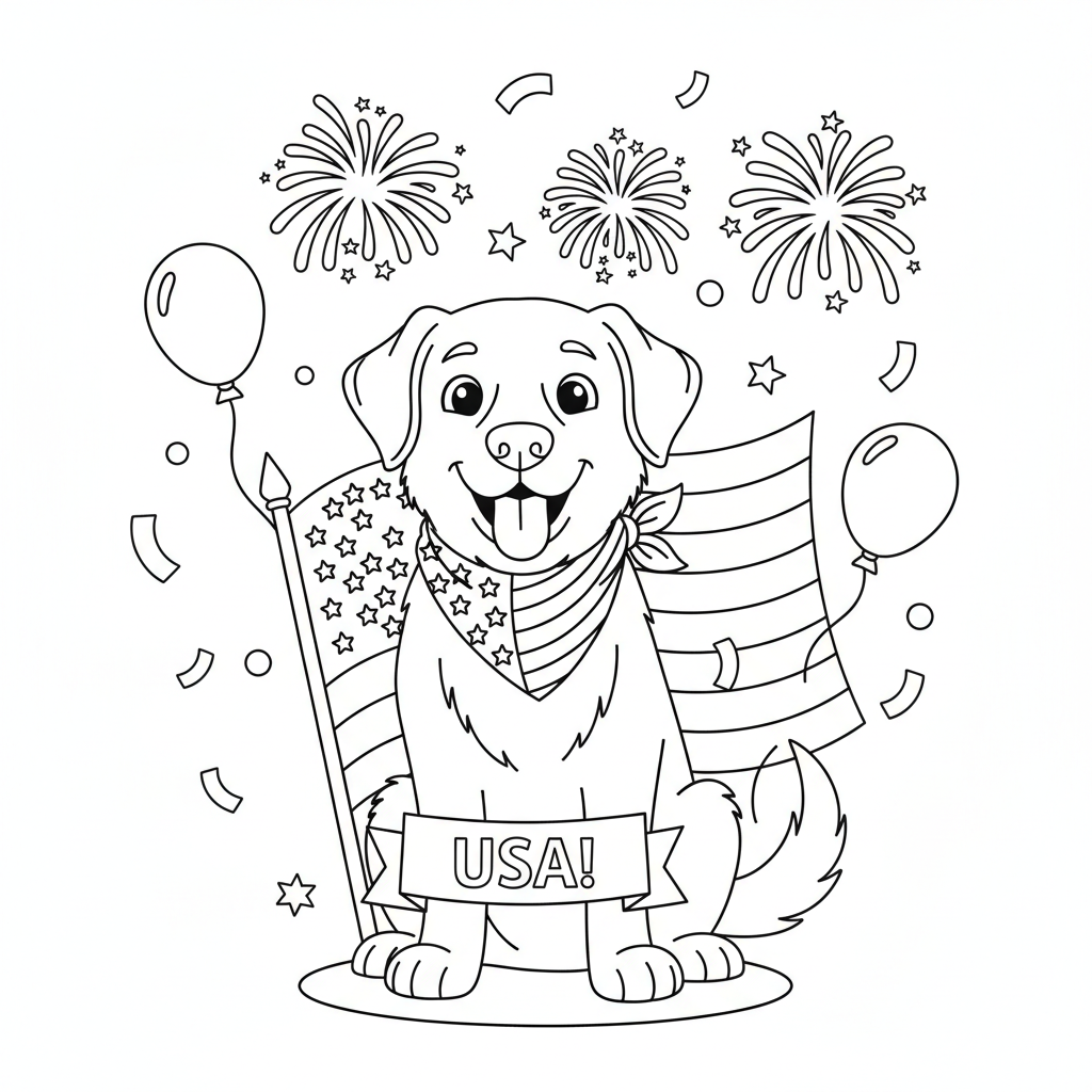 Patriotic dog wearing bandana and flag at celebration - Free Printable Coloring Page