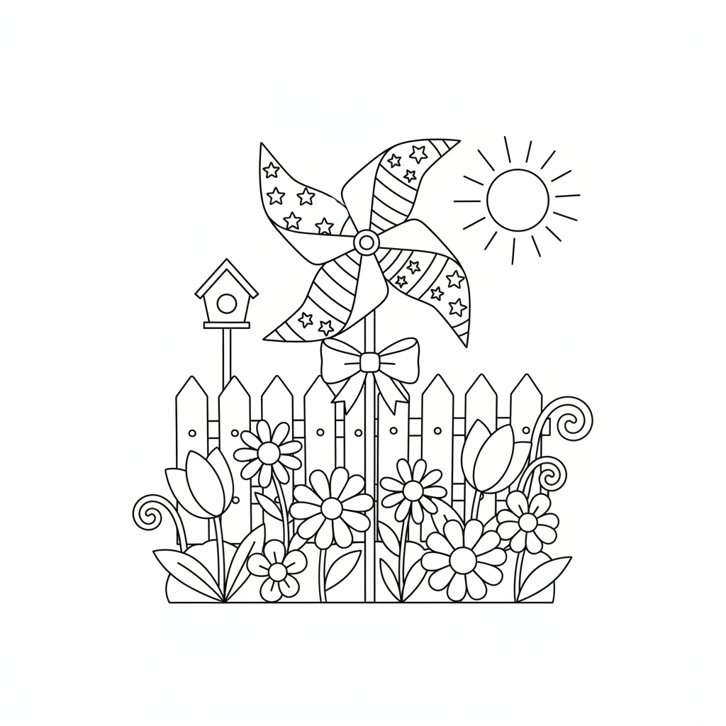 Patriotic pinwheel spinning in garden with flowers - Free Printable Coloring Page