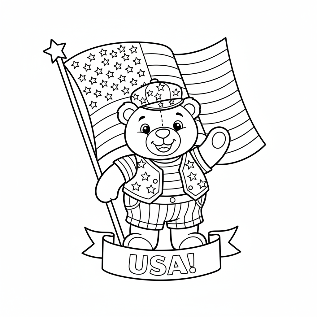 Patriotic teddy bear wearing stars and stripes outfit - Free Printable Coloring Page