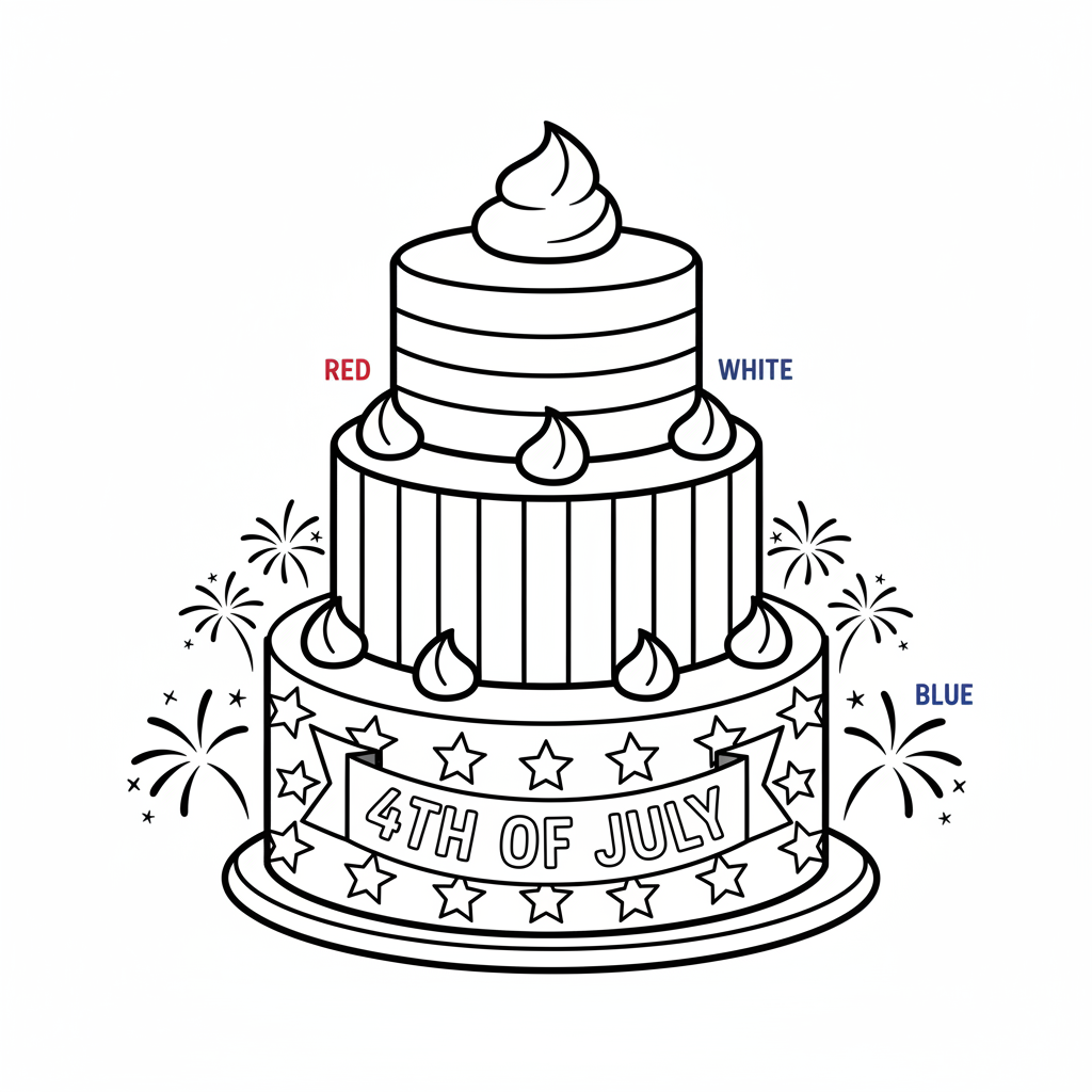 Red white and blue layered cake for Independence Day - Free Printable Coloring Page Red white and blue layered cake for Independence Day - Free Printable Coloring Page