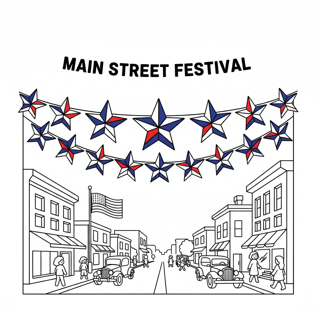 Red white and blue star banner across town main street - Free Printable Coloring Page