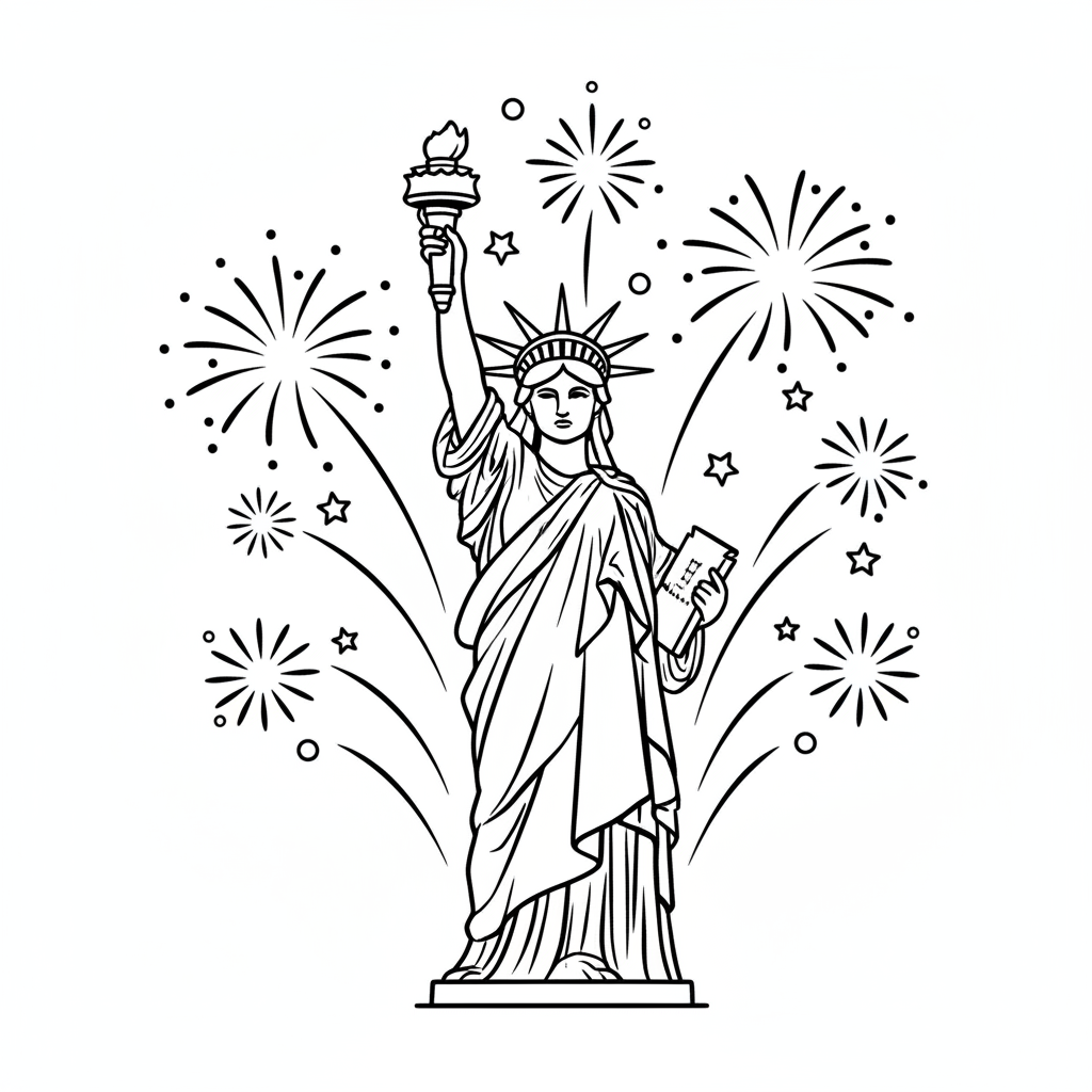 La Statua della Libertà si erge imponente con fuochi d'artificio alle sue spalle - Disegno da colorare gratuito La Statua della Libertà si erge imponente con fuochi d'artificio alle sue spalle - Disegno da colorare gratuito
