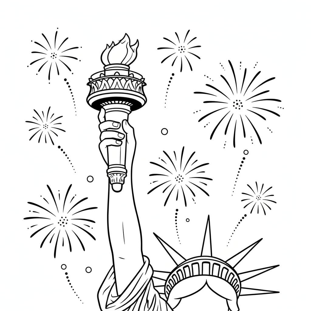 Fackel der Freiheitsstatue, Nahaufnahme vor dem Hintergrund eines Feuerwerks - Kostenloses druckbares Ausmalbild Fackel der Freiheitsstatue, Nahaufnahme vor dem Hintergrund eines Feuerwerks - Kostenloses druckbares Ausmalbild