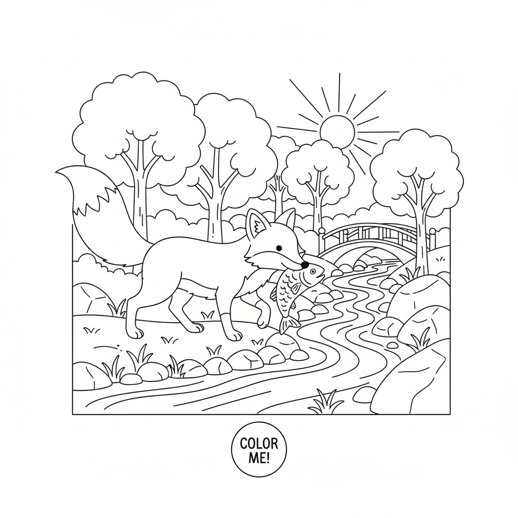 Fox carrying fish caught forest stream catch - Free Printable Coloring Page Fox carrying fish caught forest stream catch - Free Printable Coloring Page