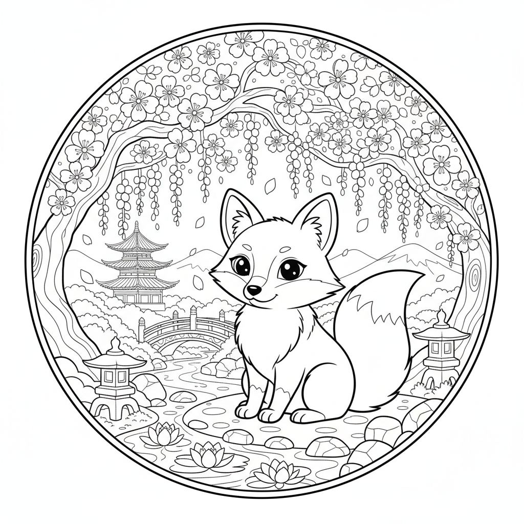 Fox cherry blossom garden spring beautiful Japan - Free Printable Coloring Page Fox cherry blossom garden spring beautiful Japan - Free Printable Coloring Page