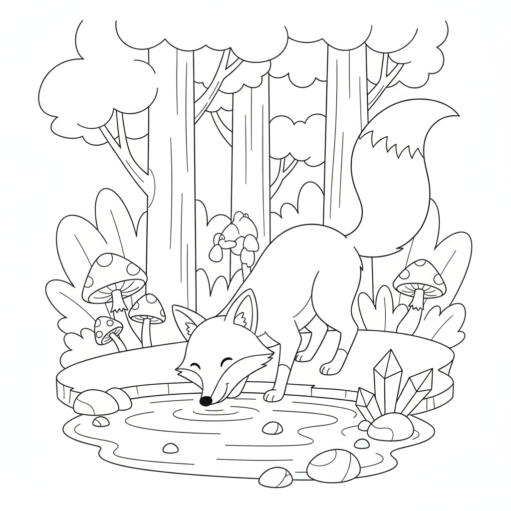 Volpe assetata che beve dallo stagno cristallino della foresta - Disegno da colorare gratuito Volpe assetata che beve dallo stagno cristallino della foresta - Disegno da colorare gratuito