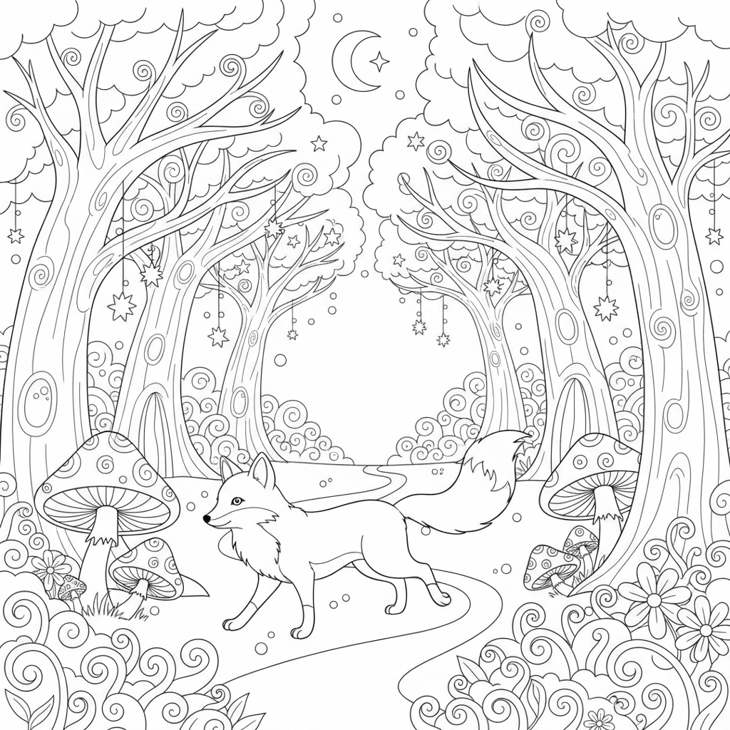 Vos verkent betoverd bos met hoge, magische bomen - Free Printable Coloring Page