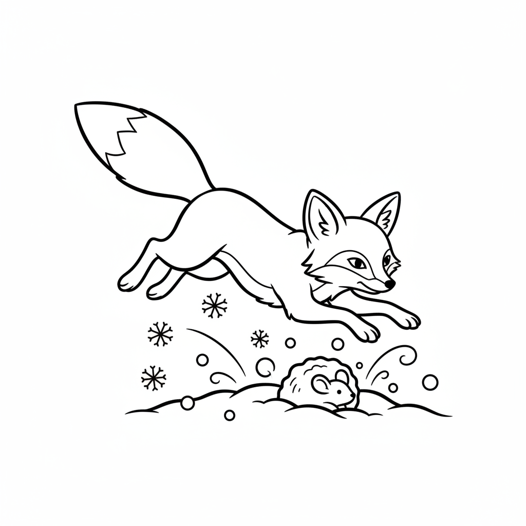 Räv hoppar och kastar sig över byte snö jakt action - Gratis utskrivbar målarbild Räv hoppar och kastar sig över byte snö jakt action - Gratis utskrivbar målarbild