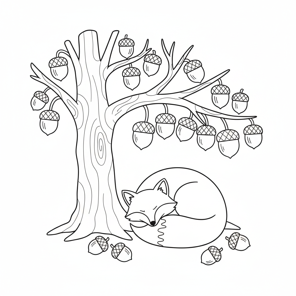 Volpe che sonnecchia sotto le ghiande di una quercia, pace - Disegno da colorare gratuito