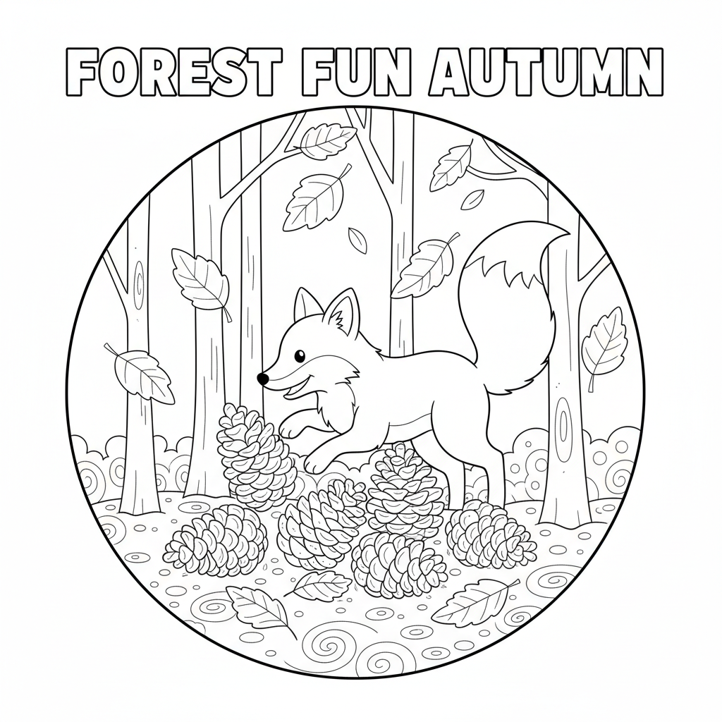 Fox playing fallen pinecones forest fun autumn - Free Printable Coloring Page Fox playing fallen pinecones forest fun autumn - Free Printable Coloring Page