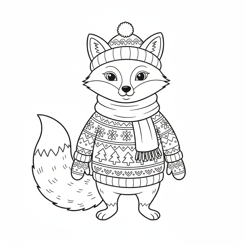 Fox wearing cozy scarf winter sweater warm fashion - Free Printable Coloring Page Fox wearing cozy scarf winter sweater warm fashion - Free Printable Coloring Page