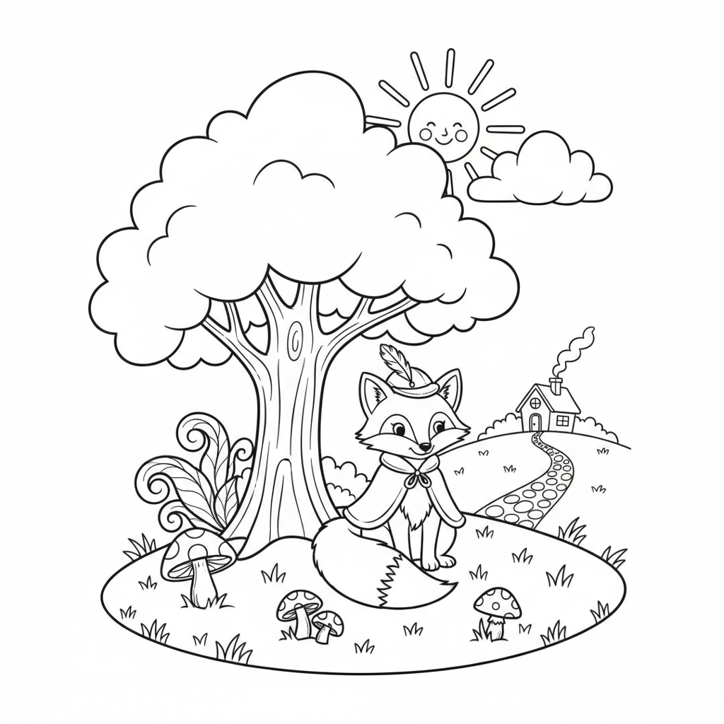 Vintage storybook illustration style fox scene classic - Free Printable Coloring Page Vintage storybook illustration style fox scene classic - Free Printable Coloring Page