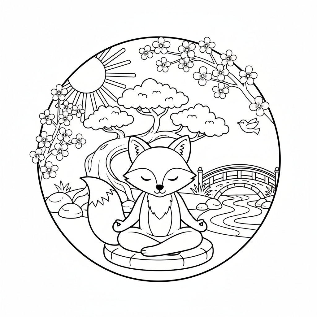 Zen fox meditating peaceful garden setting calm - Free Printable Coloring Page Zen fox meditating peaceful garden setting calm - Free Printable Coloring Page