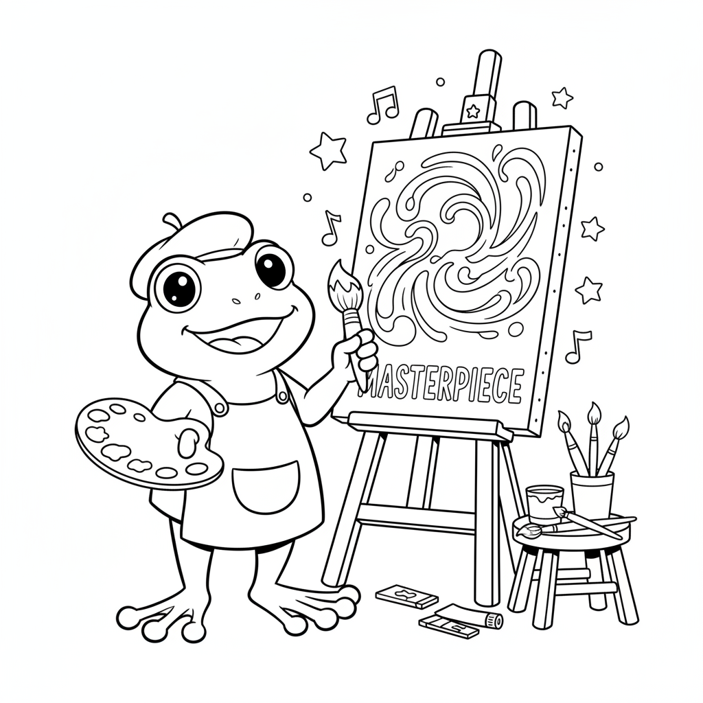 Kunstenaar schildert meesterwerk met kikker als thema, creatief - Gratis afdrukbare kleurplaat Kunstenaar schildert meesterwerk met kikker als thema, creatief - Gratis afdrukbare kleurplaat