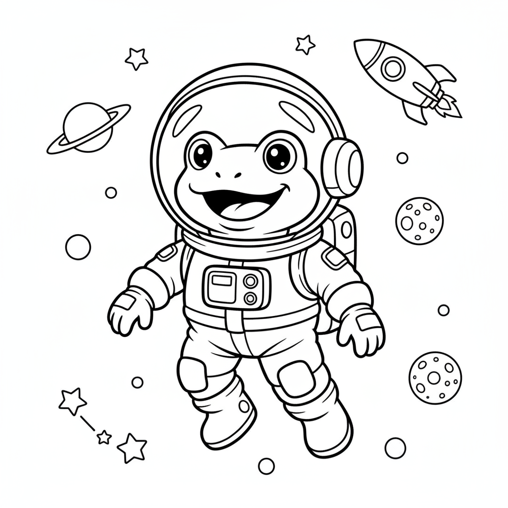 Frosch-Astronaut in Blasenhelm schwebt im Weltraum - Kostenloses druckbares Ausmalbild