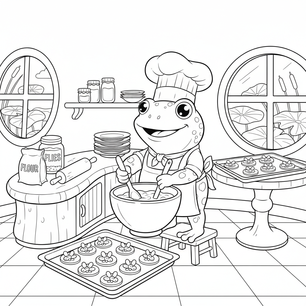 Kikkerbakker die vliegenkoekjes maakt in de keuken - Gratis afdrukbare kleurplaat Kikkerbakker die vliegenkoekjes maakt in de keuken - Gratis afdrukbare kleurplaat
