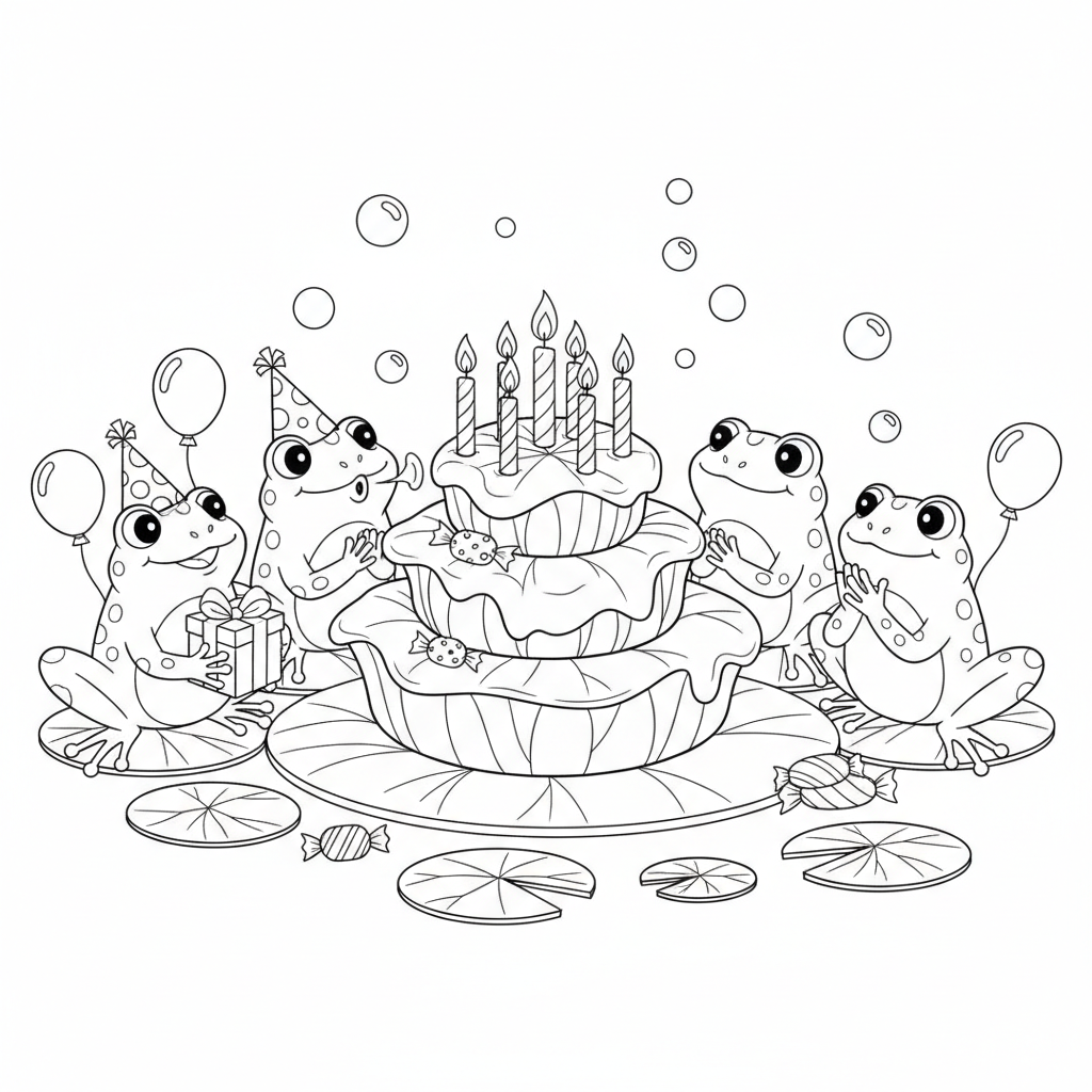Froschgeburtstagsfeier auf einer Seerosenblatt-Torte mit Kerzen - Free Printable Coloring Page Froschgeburtstagsfeier auf einer Seerosenblatt-Torte mit Kerzen - Free Printable Coloring Page