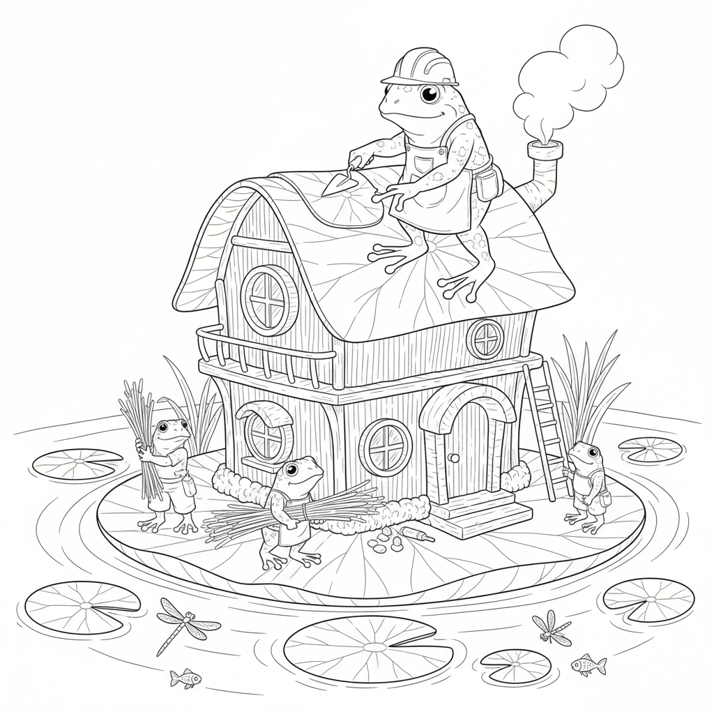 Frog Building Lily Pad House - Free Printable Coloring Page Frog Building Lily Pad House - Free Printable Coloring Page