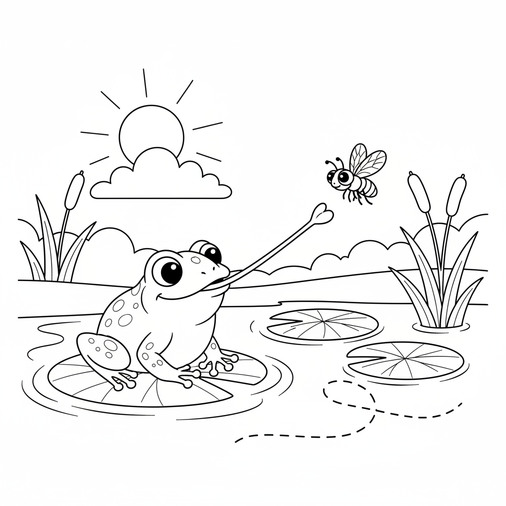 Kikker vangt vlieg met lange tong en maakt een snelle beweging in de lucht. - Free Printable Coloring Page Kikker vangt vlieg met lange tong en maakt een snelle beweging in de lucht. - Free Printable Coloring Page