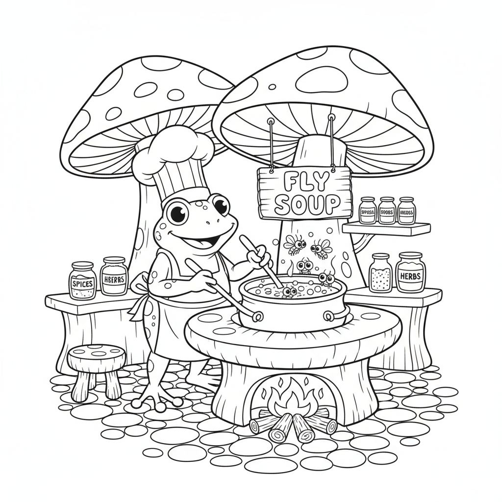 Froschkoch kocht Fliegensuppe in der Pilzküche - Kostenloses druckbares Ausmalbild