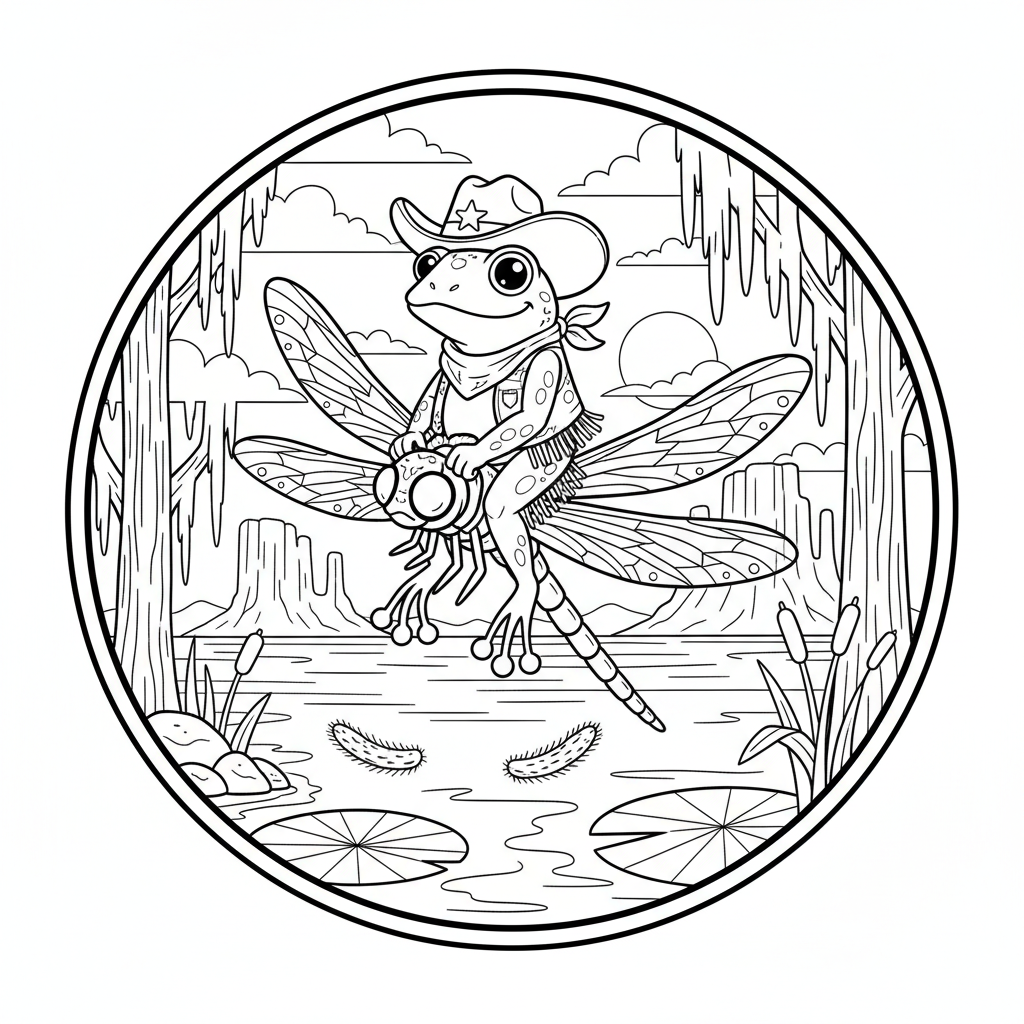 Frosch-Cowboy reitet Libelle durch Sumpf Western - Kostenloses druckbares Ausmalbild