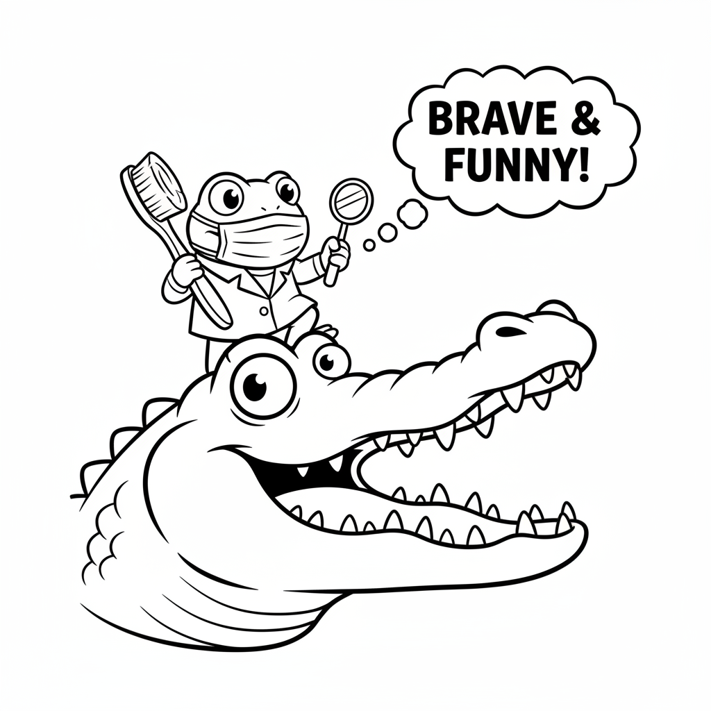 Froschzahnarzt untersucht Alligatorzähne – mutig und lustig - Free Printable Coloring Page Froschzahnarzt untersucht Alligatorzähne – mutig und lustig - Free Printable Coloring Page