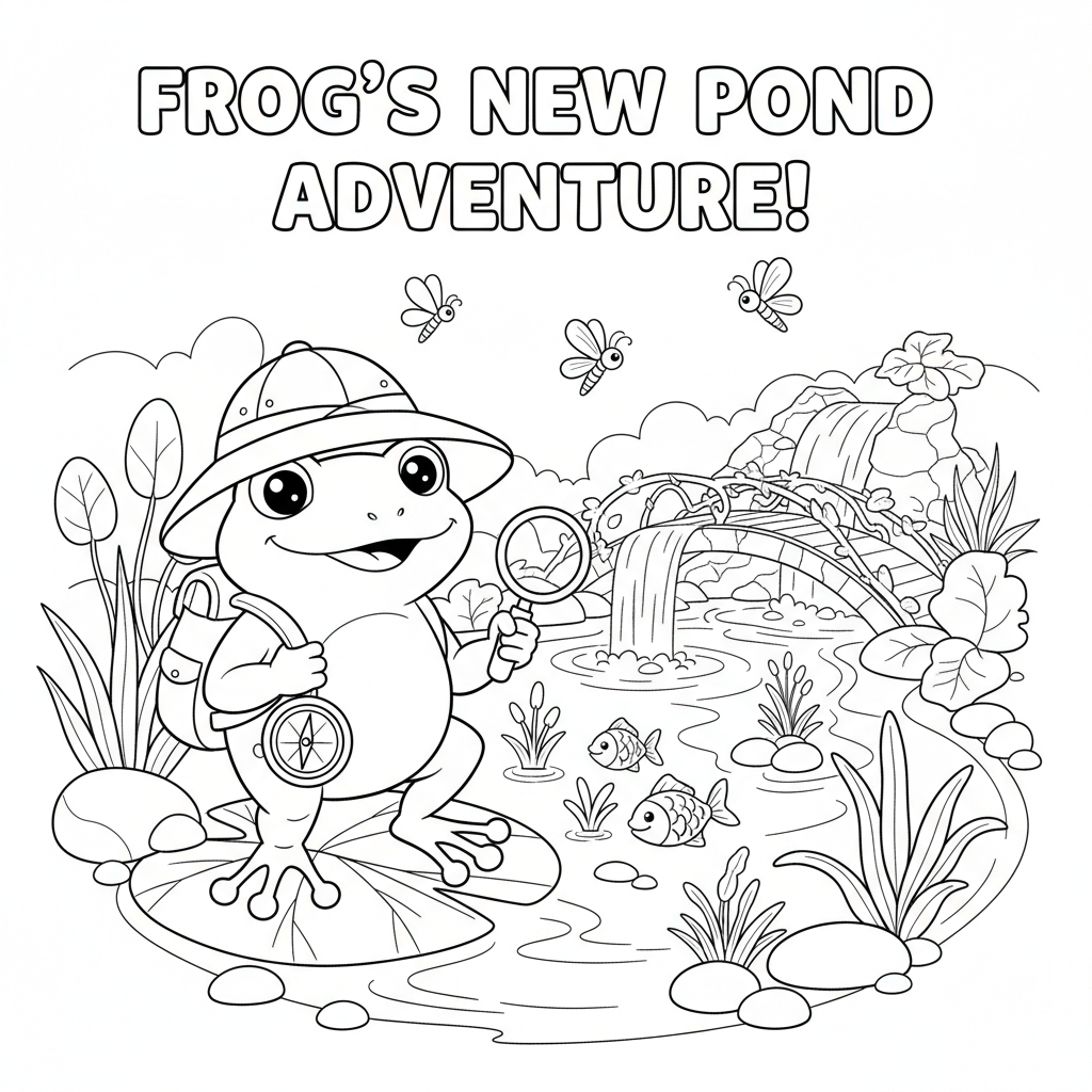 Kikker ontdekt nieuw vijveravontuur - Gratis afdrukbare kleurplaat Kikker ontdekt nieuw vijveravontuur - Gratis afdrukbare kleurplaat
