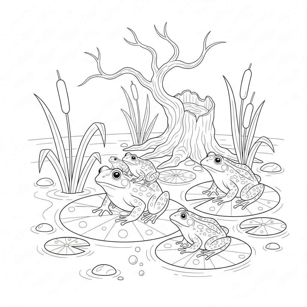 Famille de grenouilles dans un marais - Coloriage gratuit à imprimer Famille de grenouilles dans un marais - Coloriage gratuit à imprimer