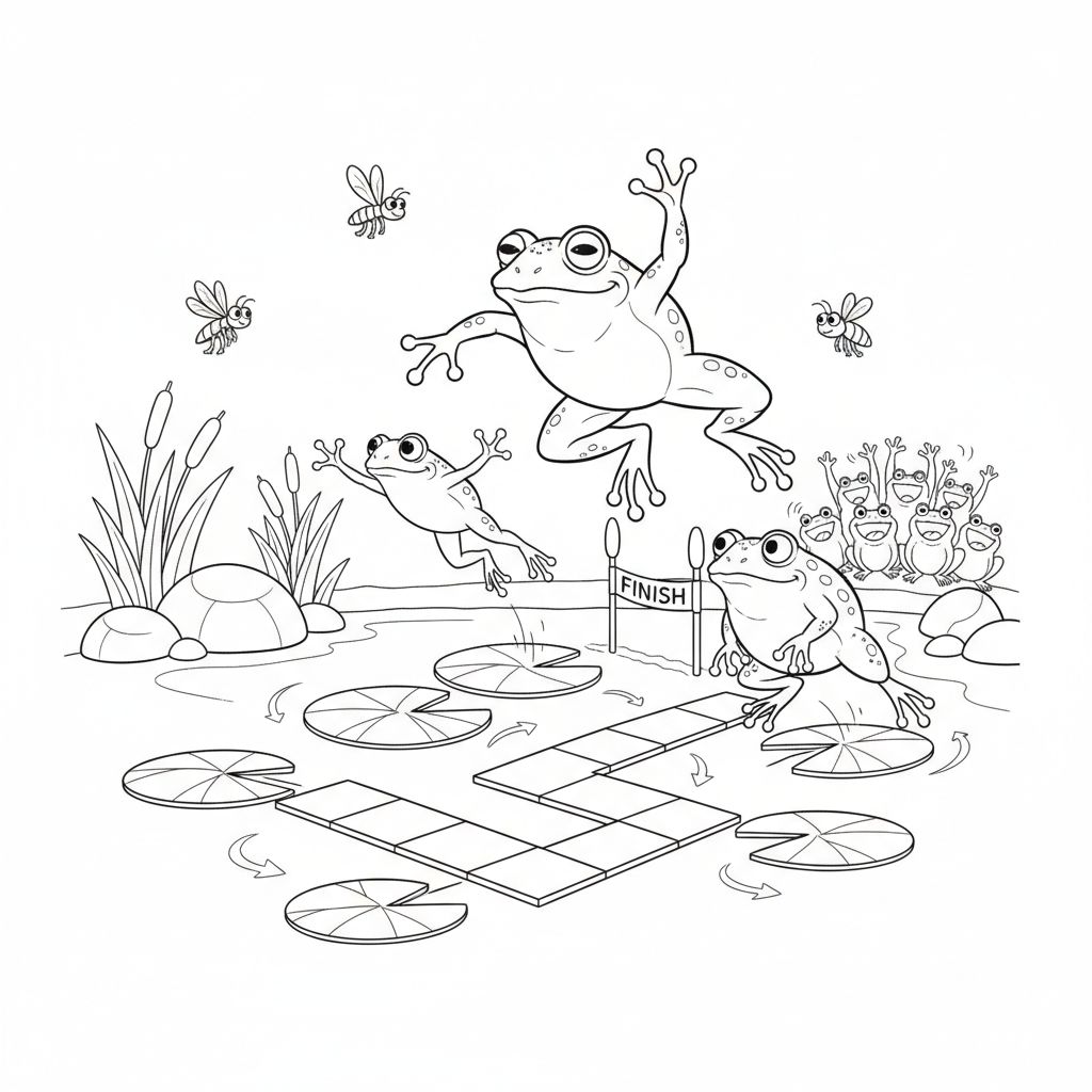 Frog Jumping Competition Coloring Page - Free Printable