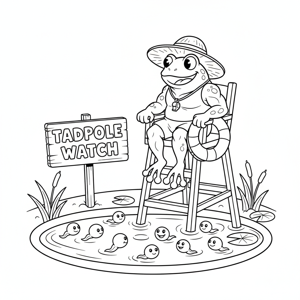 Frosch-Rettungsschwimmer im Dienst am Teich beobachtet Kaulquappen. - Kostenloses druckbares Ausmalbild