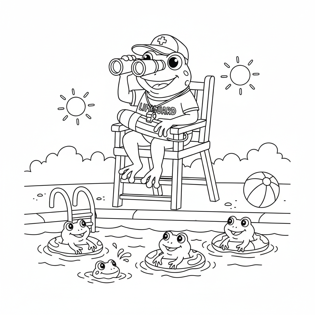 Veiligheidstoezicht bij zwembaden met kikkers als badmeester - Gratis afdrukbare kleurplaat Veiligheidstoezicht bij zwembaden met kikkers als badmeester - Gratis afdrukbare kleurplaat